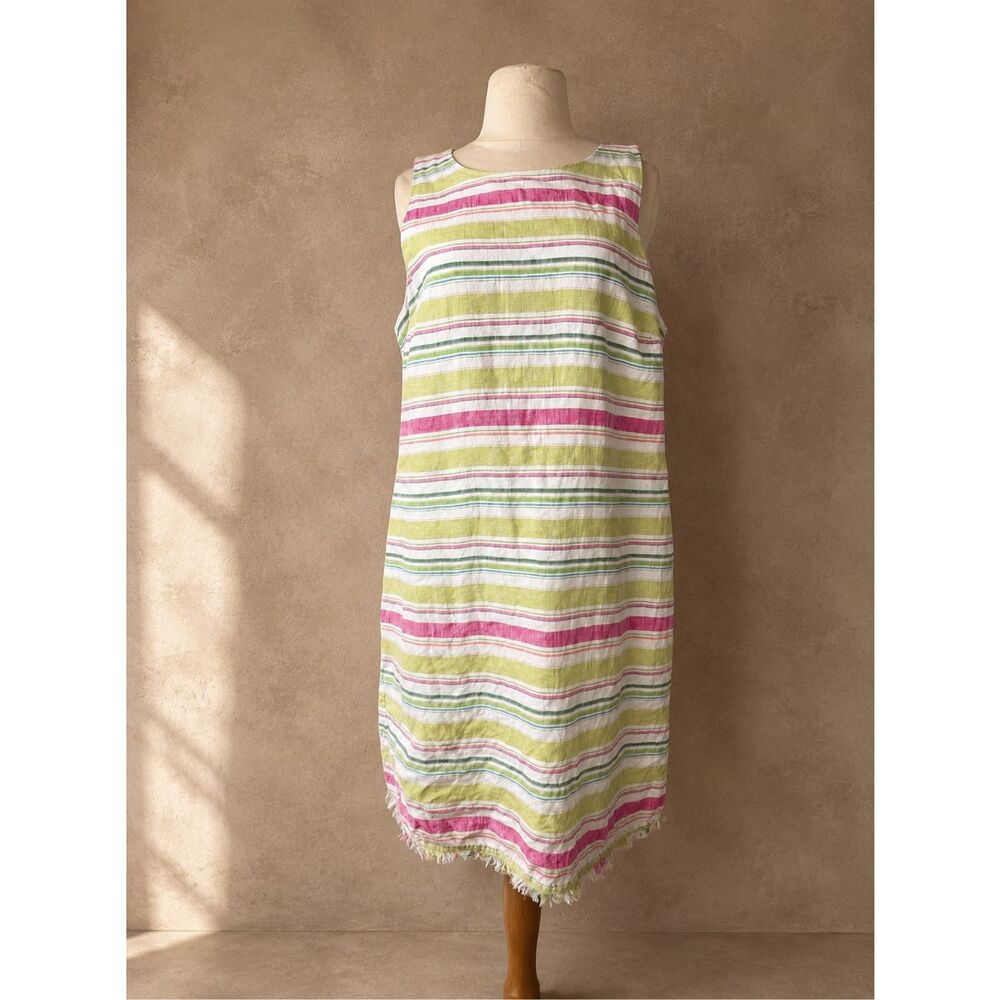 Tommy Bahama Sz L Tulum Stripe Linen Shift Dress Pink Green Stripe Sleeveless